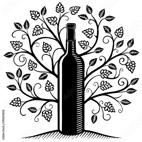 Elegant Wine Bottle Surrounded by Intricate Vine and Leaf Designs for Artistic Projects