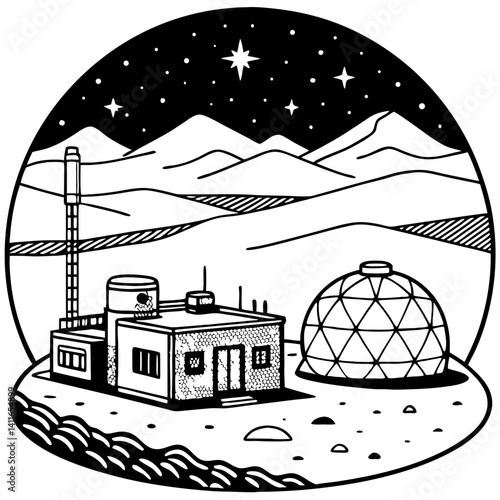 Futuristic Desert Outpost with Geodesic Dome and Mountains Under Starry Night Sky