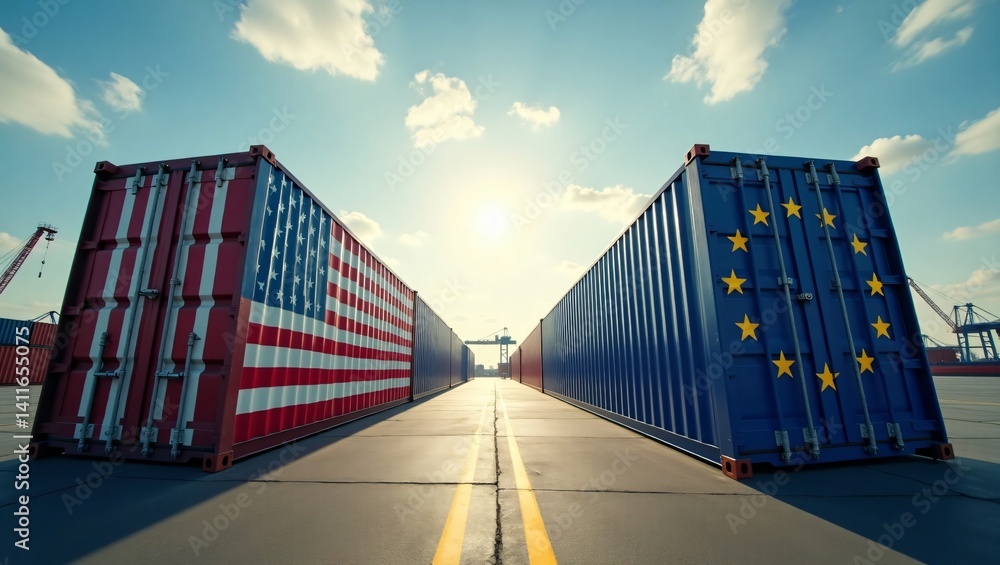 Fototapeta premium Cargo containers with American and European flags standing opposed, metaphor for global economic tension and tariffs in trade war