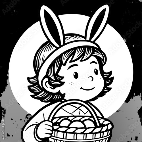 Cute Child with Bunny Ears Holding Easter Basket Full of Colorful Eggs for Spring Celebrations