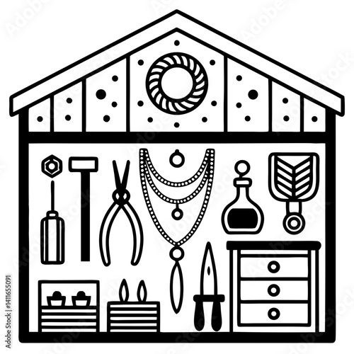 Creative Workshop Tools and Jewelry Crafting Elements in Shelves Design for Hobbyists