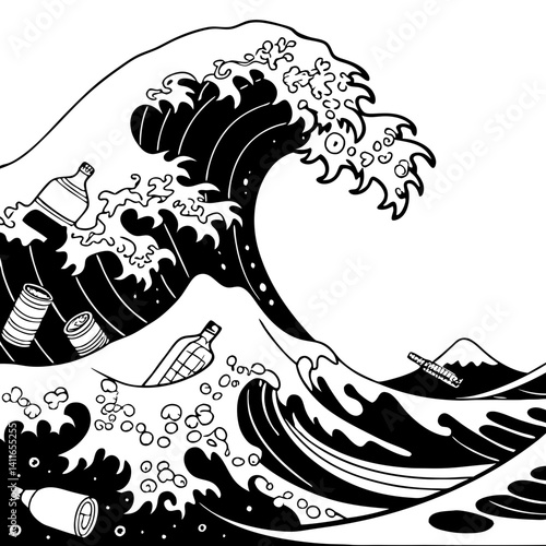 Dynamic Ocean Wave with Bottles and Cans Illustrating Marine Pollution Awareness