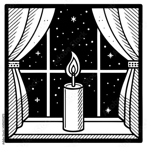 Candle on Window Sill with Starry Night View Cozy Home Decoration Illustration