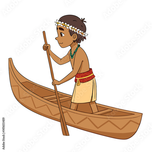 Indigenous Boy Paddling Canoe with Traditional Attire in Vibrant Vector Illustration for Children