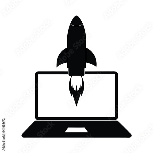 Laptop with Rocket Launching, Symbolizing Startup Success