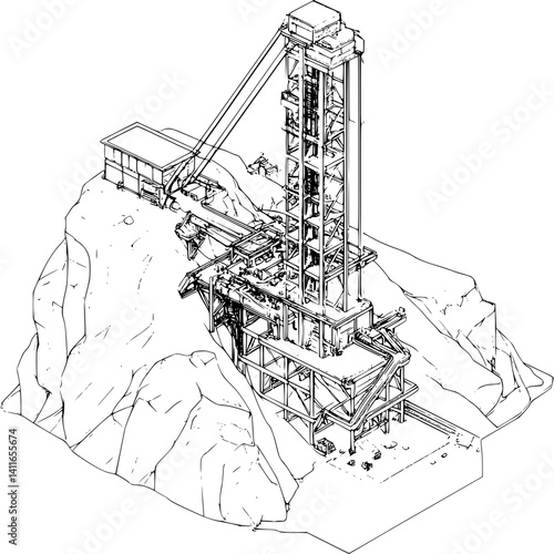 Mining facility blueprint line art, Mining facility vector image