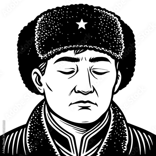 Traditional Siberian Man in Fur Hat and Heavy Coat Facial Expression Artistic Vector Illustration