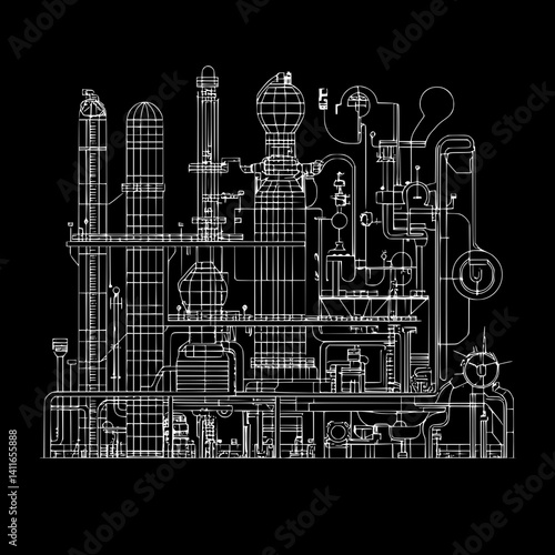 Blueprint design of Refinery, Refinery line art vector image