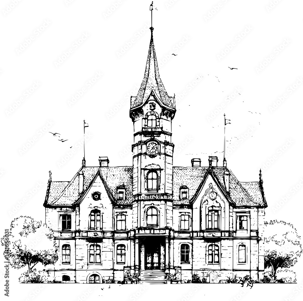 Obraz premium Blueprint design of Town hall, Town hall line art vector image