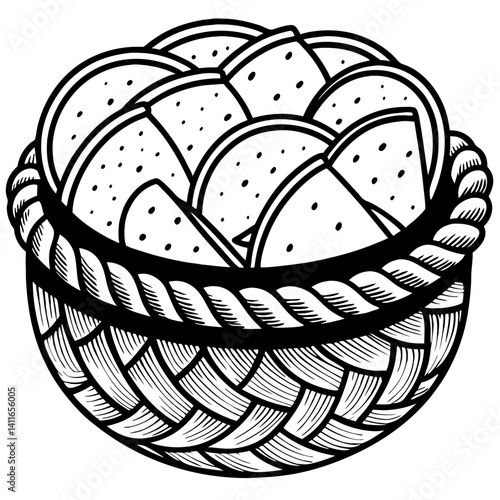 Illustration of Woven Basket Filled with Round Flatbreads Ideal for Culinary Designs and Crafts