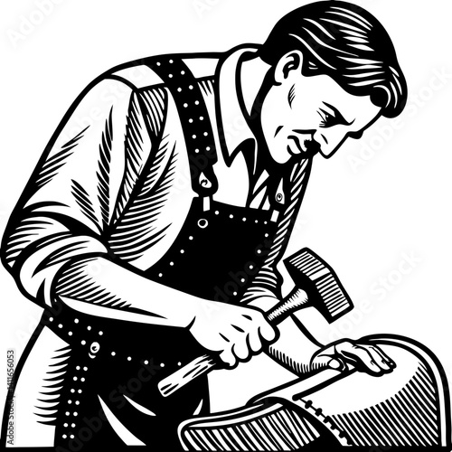 Blacksmith Working on Metal with Hammer in Traditional Workshop Illustration
