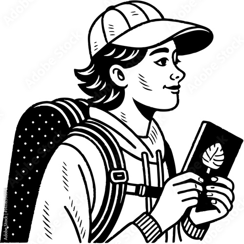 Young Adventurer Holding Map with Backpack and Cap for Outdoor Explorations and Travel
