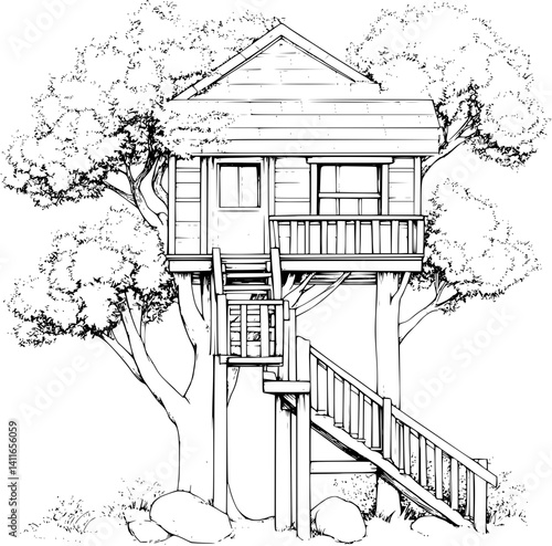 Blueprint design of Tree house, Tree house line art vector image