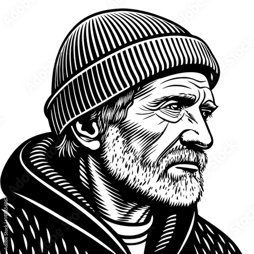 Detailed Portrait of a Weathered Man in a Beanie for Tattoo Design and Coloring Books