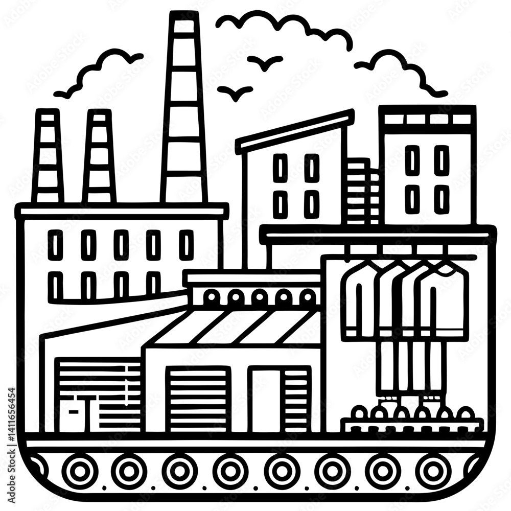 Fototapeta premium Industrial Cityscape with Factories Buildings and Conveyor Belt for Manufacturing Visualization