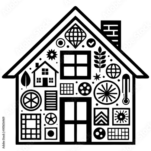 Stylized House Design with Geometric Patterns for Home Decor and Coloring Projects
