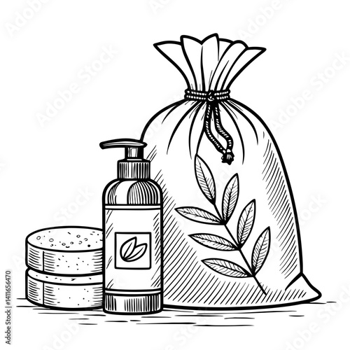 Natural Skin Care Products Illustration with Eco-Friendly Bag and Spa Essentials