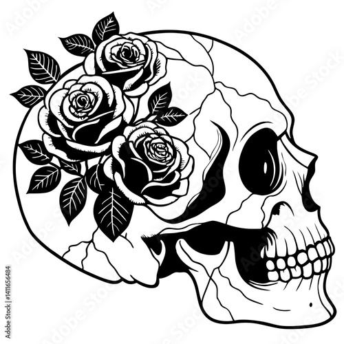 Skull with Roses Floral Design for Tattoo and Coloring Book Inspirations