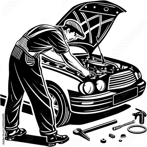 Mechanic Performing Car Engine Repair Vintage Illustration for Automotive Design Projects