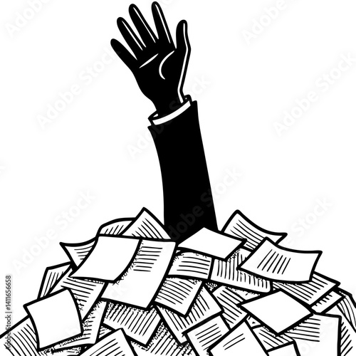 Struggling Hand Emerges from Pile of Papers Symbolizing Overwhelm and Stress in Office Environment