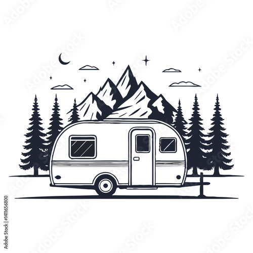 Vintage Caravan Camping in Scenic Mountain Landscape with Pine Trees and Stars