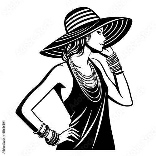 Elegant Fashionable Woman in Wide Brim Hat Displaying Jewelry and Sophisticated Style