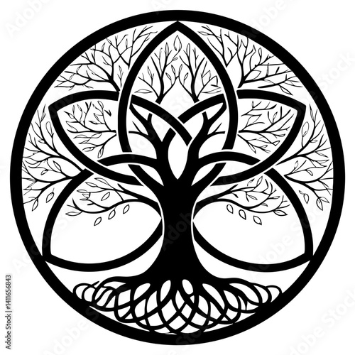 Intricate Tree of Life Design Featuring Intertwined Roots and Branches for Tattoo and Coloring Book