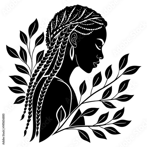 Profile of a Beautiful Black Woman with Braided Hair Adorned with Leaves and Pearls