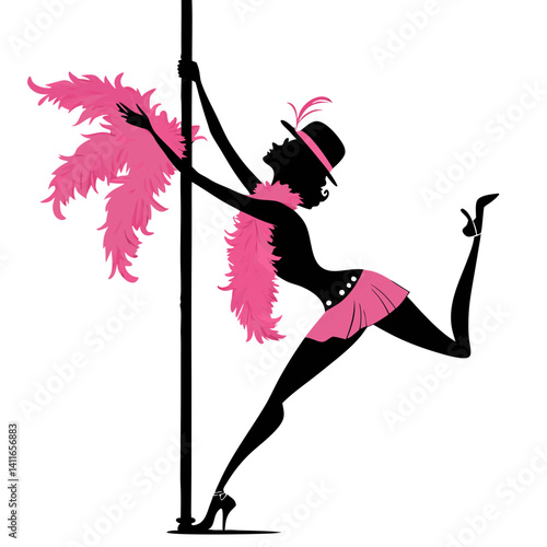 Elegant Silhouette of a Dancer in Pink Feather Costume and High Heels Performing at a Pole