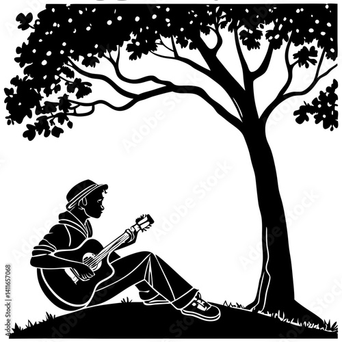 Musician Playing Guitar Under a Tree for Relaxation and Nature Inspiration