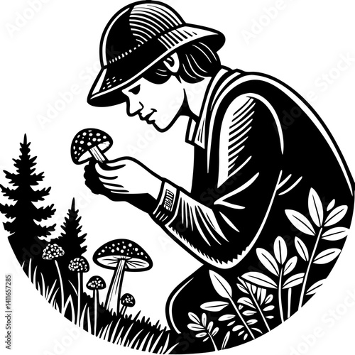 Person Observing Mushrooms in Forest Detailed Nature Illustration for Outdoor Enthusiasts