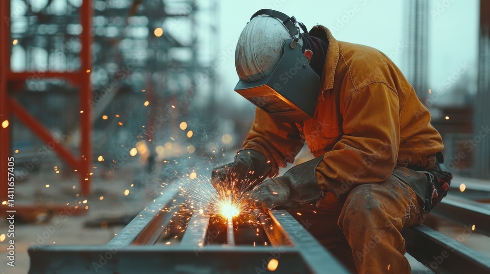 A welder working on a metal structure at a construction site. Featuring skill and precision A welder working on a metal structure at a construction site. Featuring skill and precision