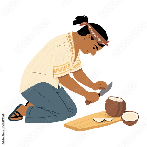 Cultural Coconut Preparation by Skilled Artisan Using Traditional Knife and Wooden Cutting Board
