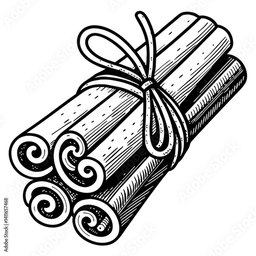 Hand Drawn Cinnamon Sticks Bundle with Twine for Culinary and Decorative Designs
