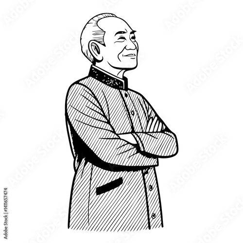 Confident Elderly Man in Traditional Attire Smiling with Arms Crossed Vector Illustration