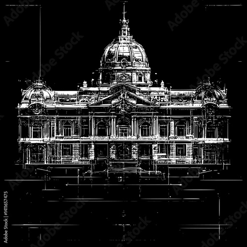 Embassy blueprint line art, Embassy vector illustration