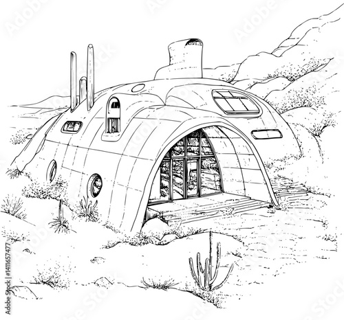 Blueprint design of Earthship, Earthship line art vector illustration