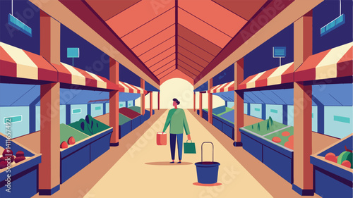 The absence of food in the market is a jarring sight with only a few lonely shoppers picking through the desolate aisles.. Vector illustration