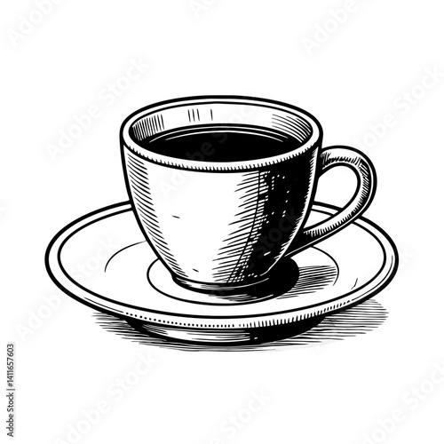 Elegant Coffee Cup with Saucer Vintage Sketch Illustration for Home Decor and Print Design