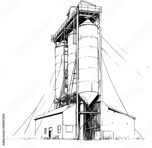 Blueprint design of Grain elevator, Grain elevator line art vector illustration