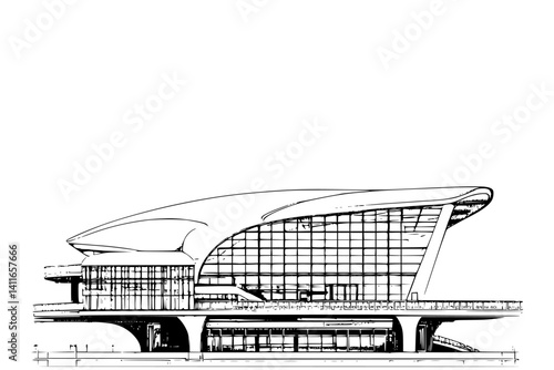 Ferry terminal blueprint line art, Ferry terminal vector illustration