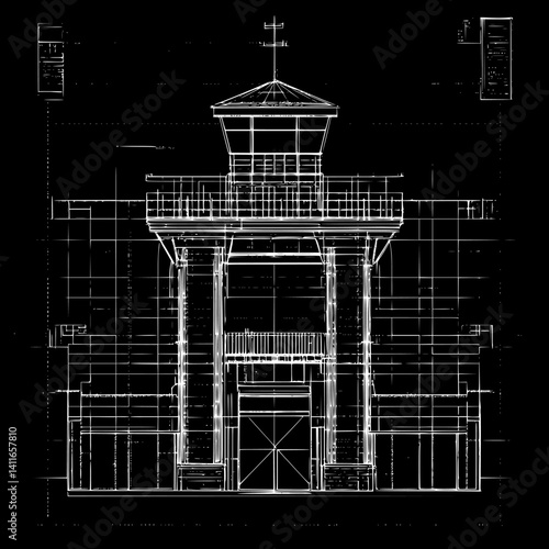 Prison blueprint line art, Prison vector illustration