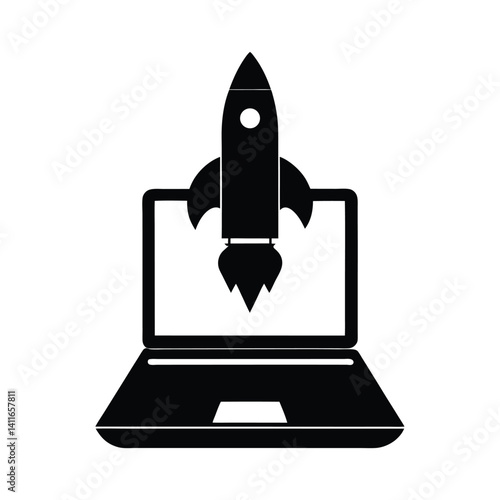 Laptop with Rocket Icon Representing Startup or Business Growth