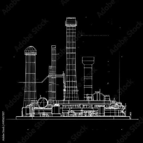 Power plant blueprint line art, Power plant vector illustration