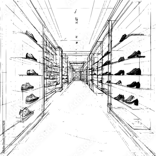 Retail store blueprint line art, Retail store vector illustration