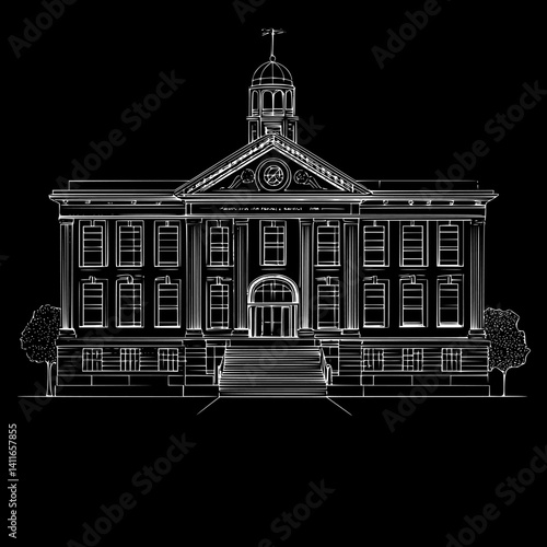 School blueprint line art, School vector illustration