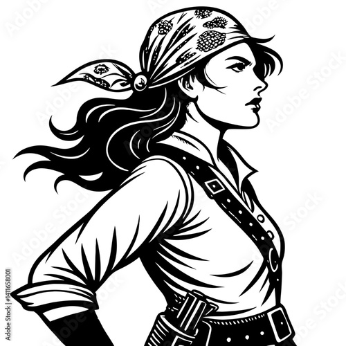 Empowered Pirate Woman Silhouette with Bandana and Waist Belt for Tattoos and Illustrations