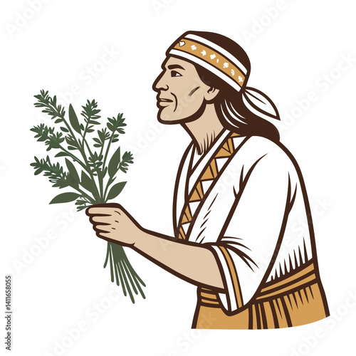 Indigenous Herbalist Holding Fresh Green Herbs for Natural Remedies and Traditional Medicine