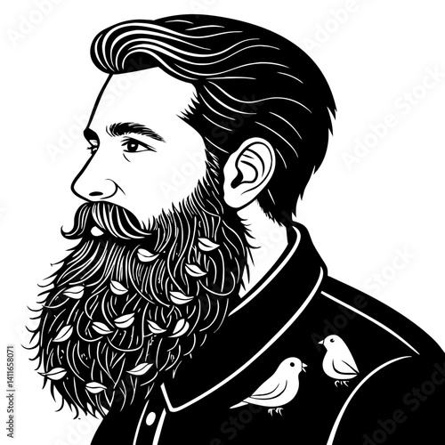 Stylized Black and White Portrait of a Bearded Man with Birds Illustrating Nature and Masculinity