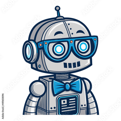 Cute Retro Robot Character with Glasses and Bow Tie for Fun Design Projects